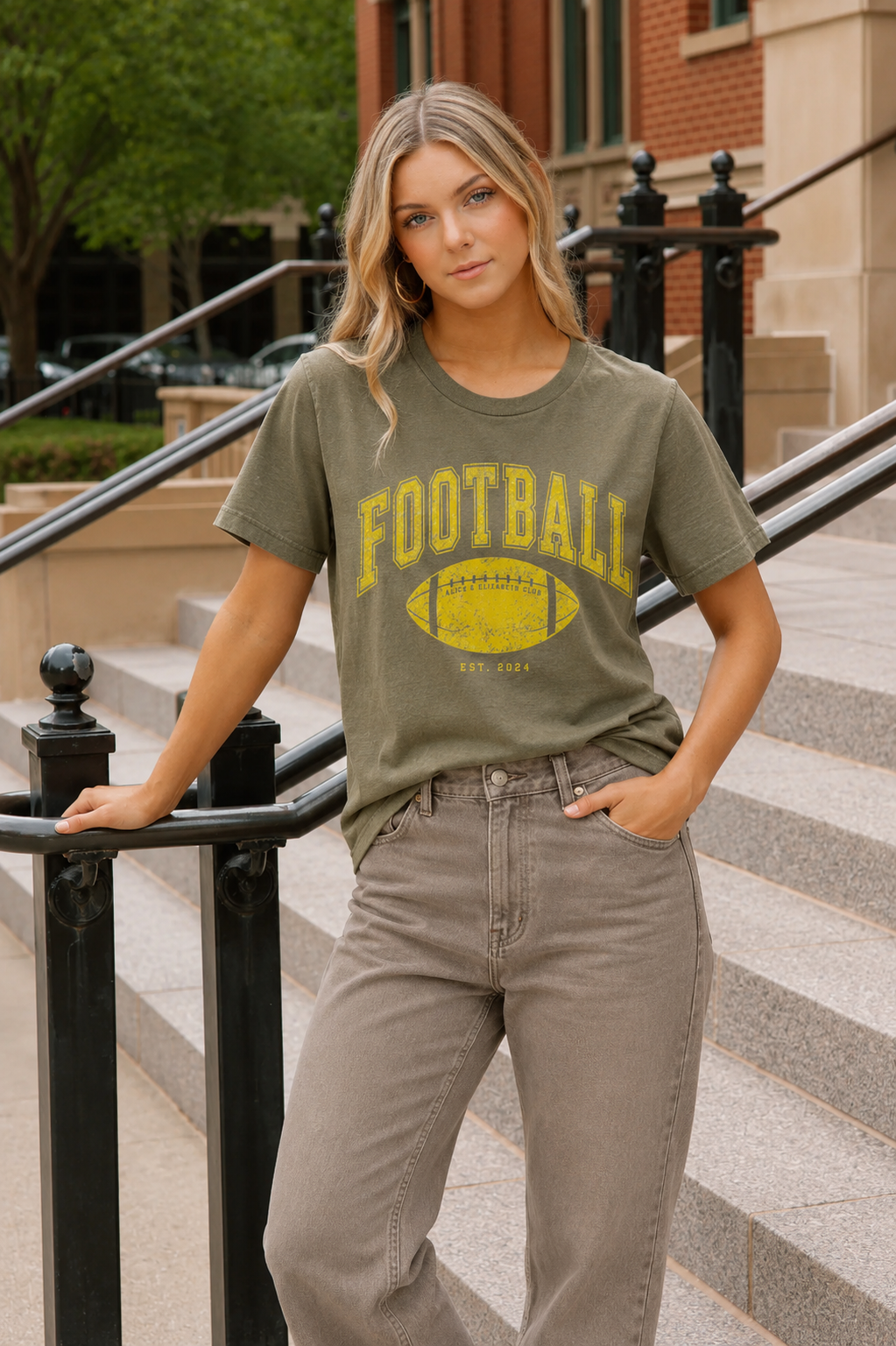 Alice & Elizabeth Football Tee in Light Olive, modeled lifestyle view