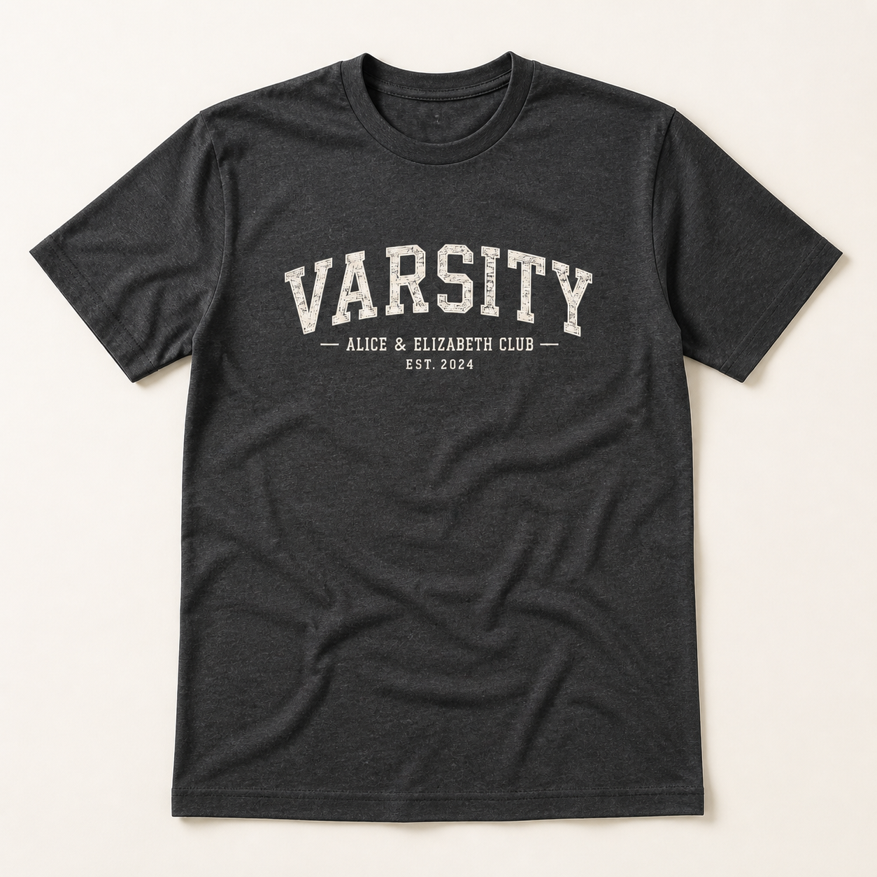 Alice & Elizabeth Varsity Tee in Charcoal flat lay product view