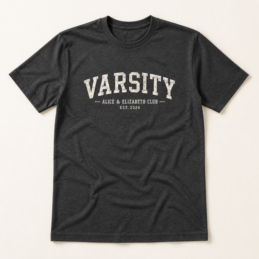 Alice & Elizabeth Varsity Tee in Charcoal flat lay product view