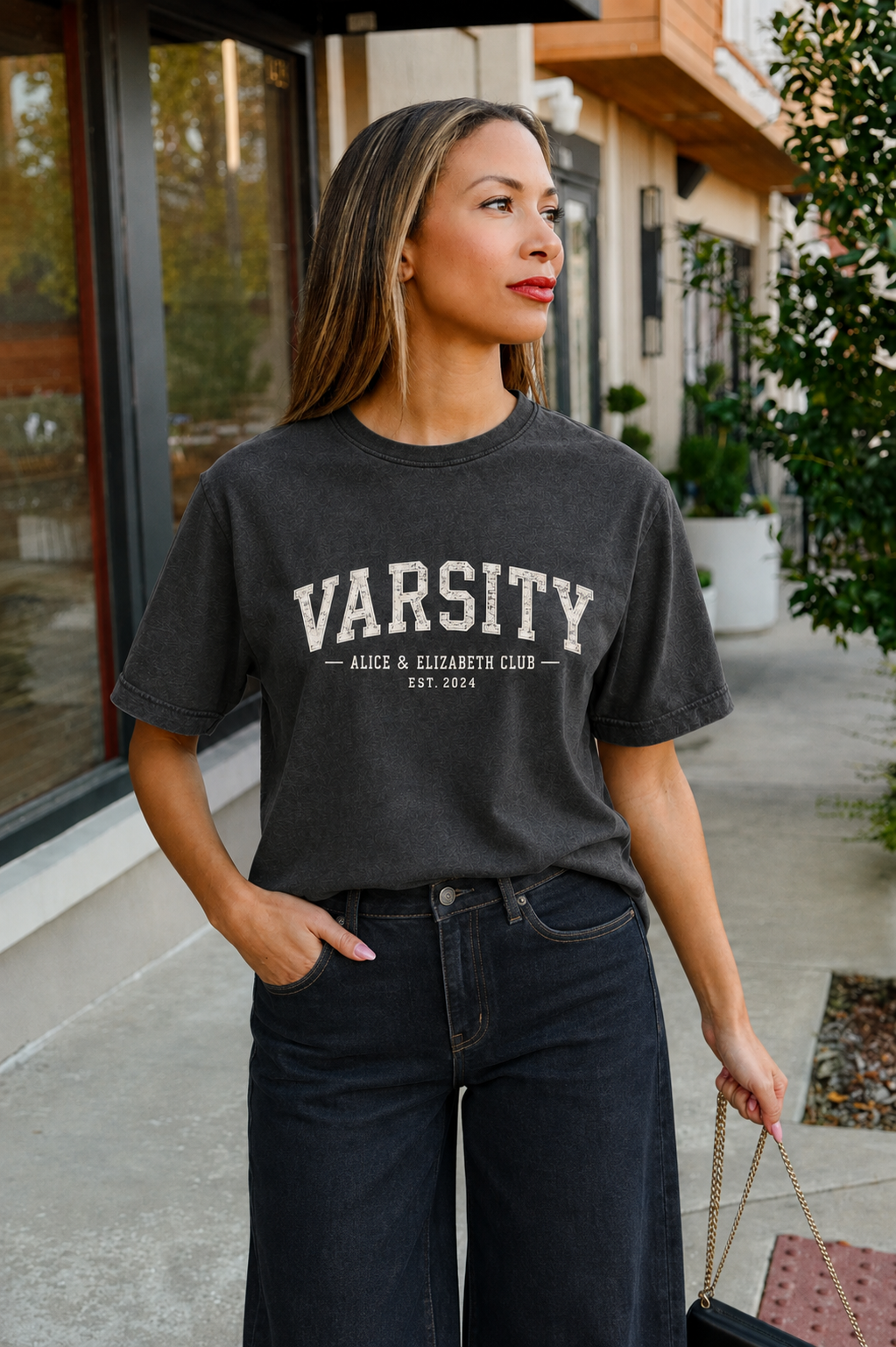 Alice & Elizabeth Varsity Tee in Charcoal styled on a model