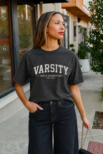 Alice & Elizabeth Varsity Tee in Charcoal styled on a model