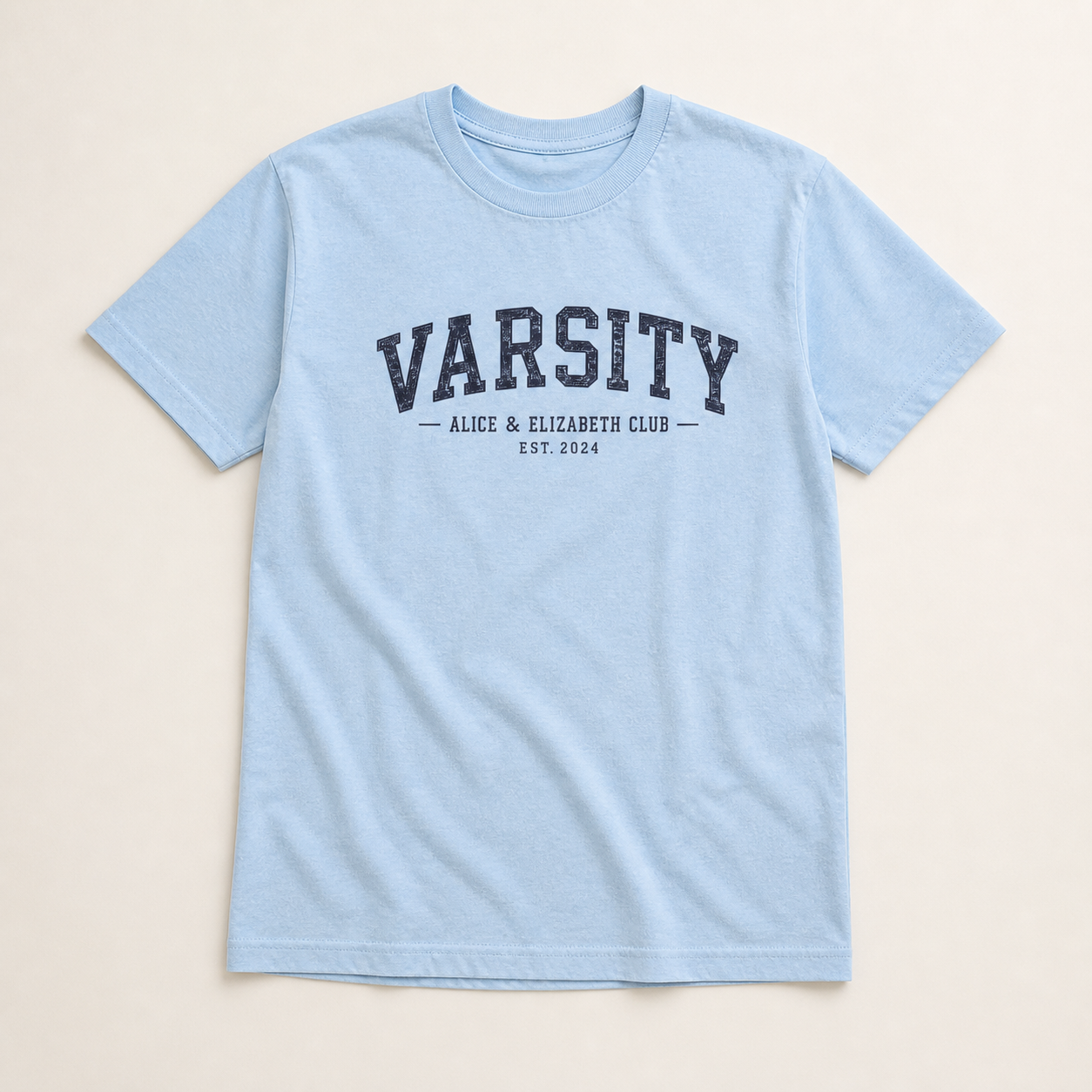 Alice & Elizabeth Varsity Tee in Heather Cool Blue flat lay product view