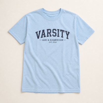 Alice & Elizabeth Varsity Tee in Heather Cool Blue flat lay product view