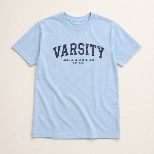 Alice & Elizabeth Varsity Tee in Heather Cool Blue flat lay product view