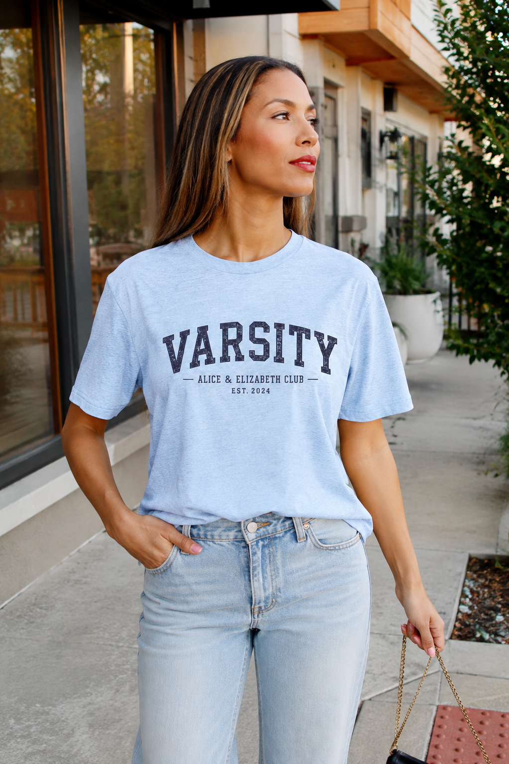 Alice & Elizabeth Varsity Tee in Heather Cool Blue styled on a model