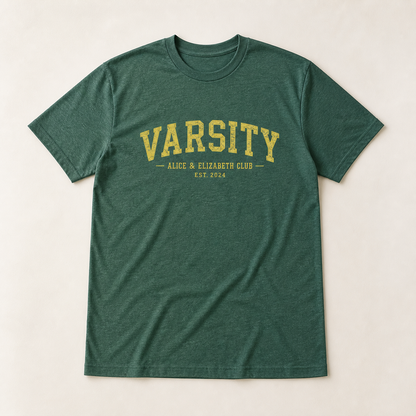 Alice & Elizabeth Varsity Tee in Heather Forest Green flat lay product view