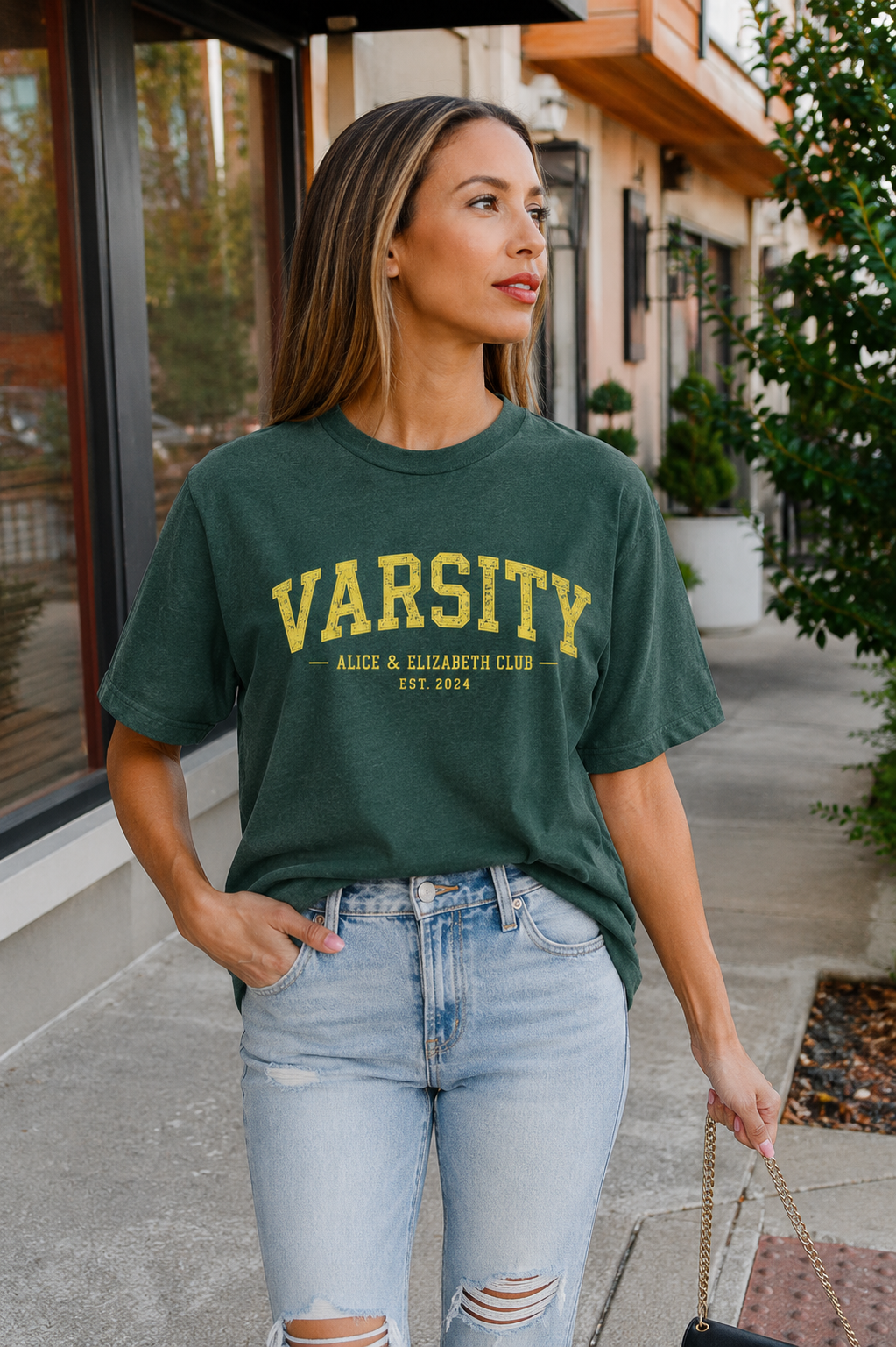 Alice & Elizabeth Varsity Tee in Heather Forest Green styled on a model