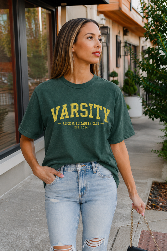 Alice & Elizabeth Varsity Tee in Heather Forest Green styled on a model