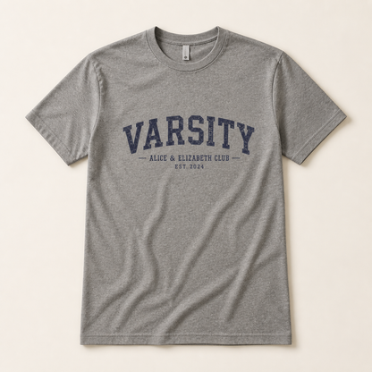 Alice & Elizabeth Varsity Tee in Heather Gray flat lay product view