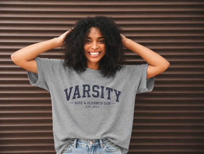 Alice & Elizabeth Varsity Tee in Heather Gray styled on a model
