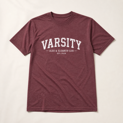 Alice & Elizabeth Varsity Tee in Heather Maroon flat lay product view