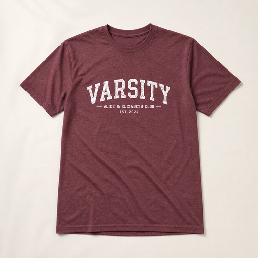Alice & Elizabeth Varsity Tee in Heather Maroon flat lay product view