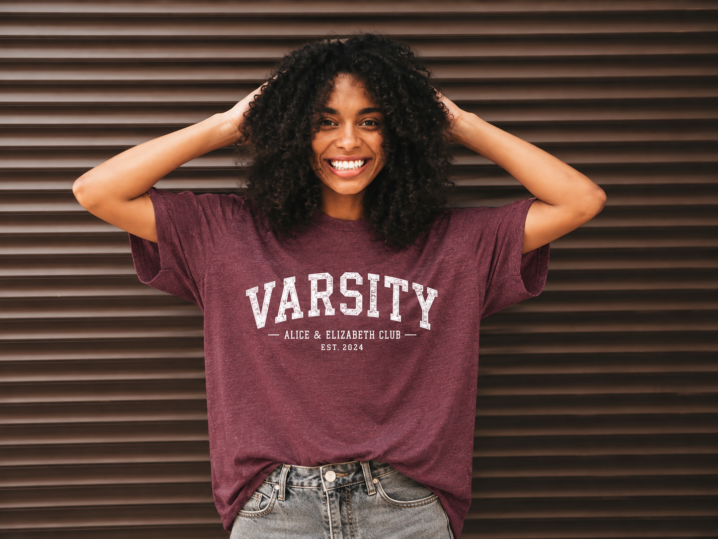 Alice & Elizabeth Varsity Tee in Heather Maroon styled on a model