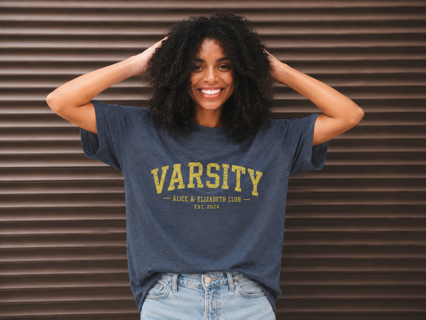 Alice & Elizabeth Varsity Tee in Midnight Navy styled on a model