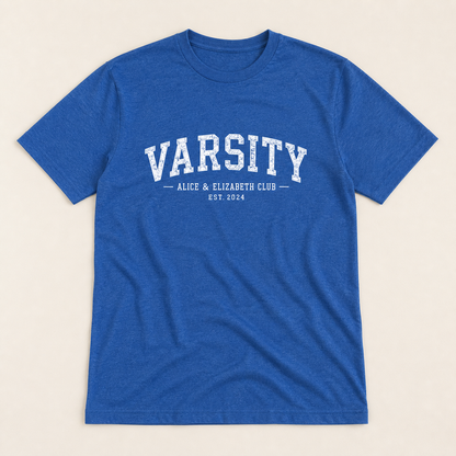 Alice & Elizabeth Varsity Tee in Royal Blue flat lay product view