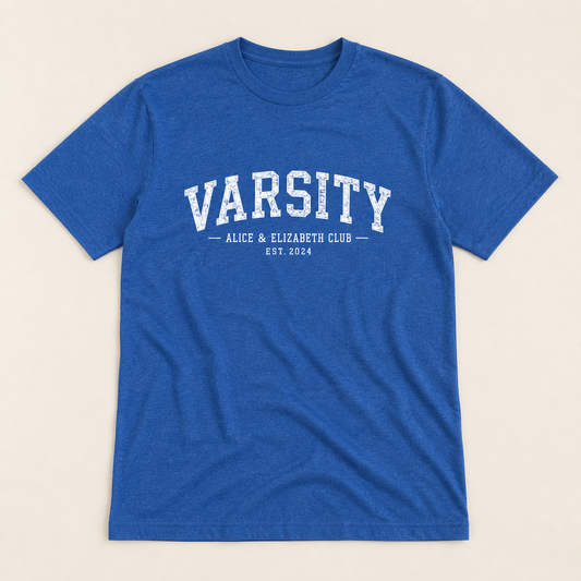 Alice & Elizabeth Varsity Tee in Royal Blue flat lay product view