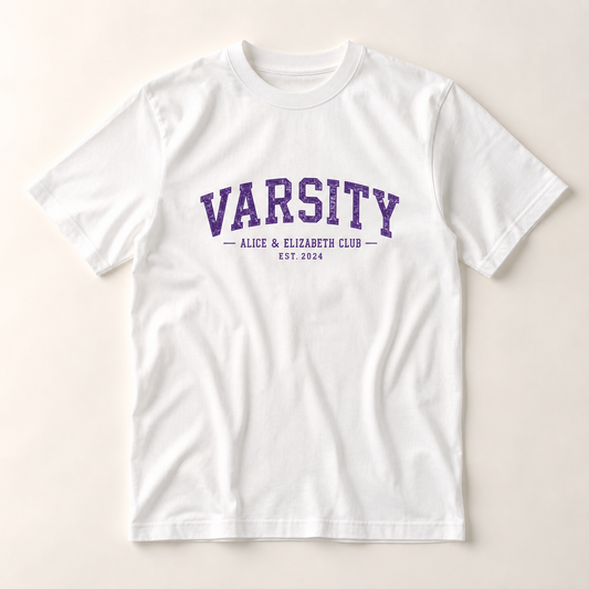 Alice & Elizabeth Varsity Tee in White flat lay product view