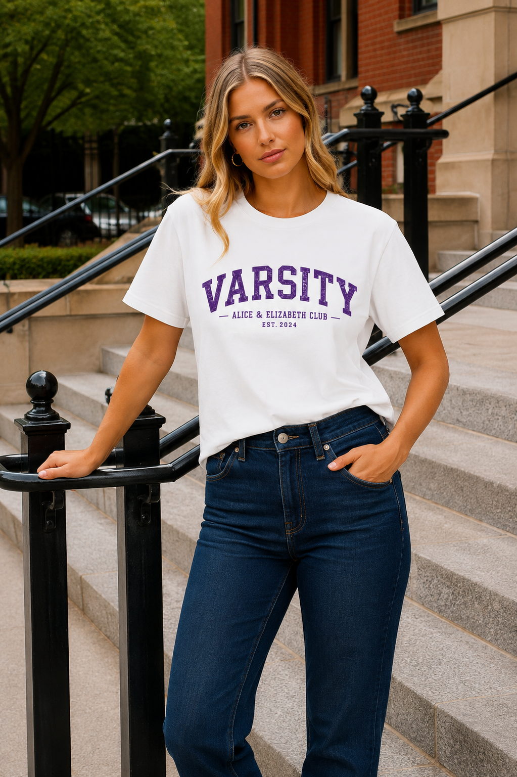 Alice & Elizabeth Varsity Tee in White styled on a model