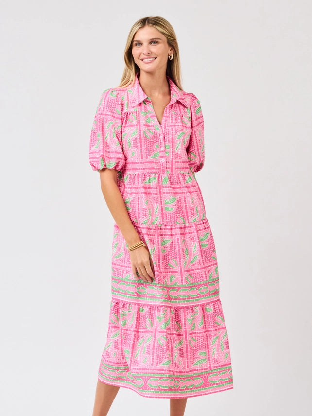 Pink Eloise Dress with trellis tile pattern by Mary Square, featuring a flowy fabric and stylish design.