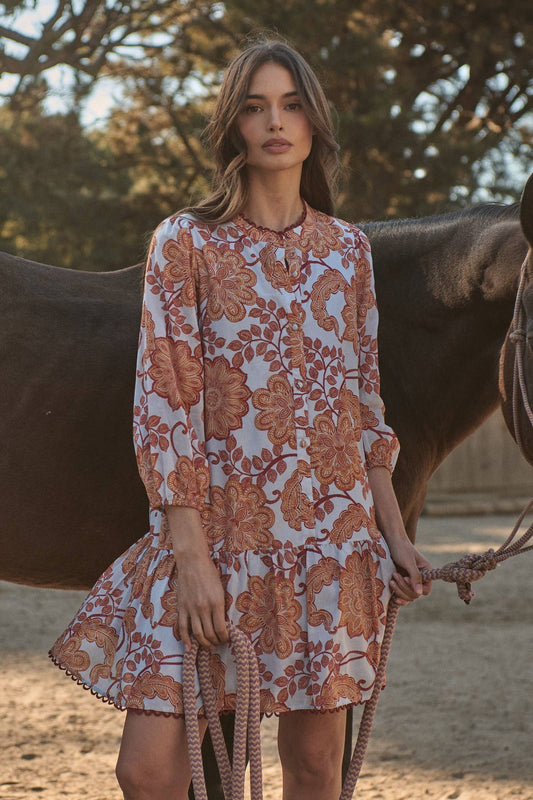 The Yamila Floral Ruffle Mini Dress (Brown & Blue)