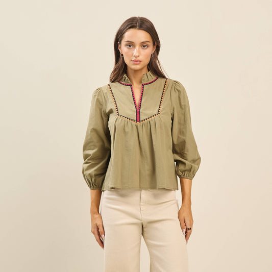 Sloane Embroidered Collar Blouse – Olive