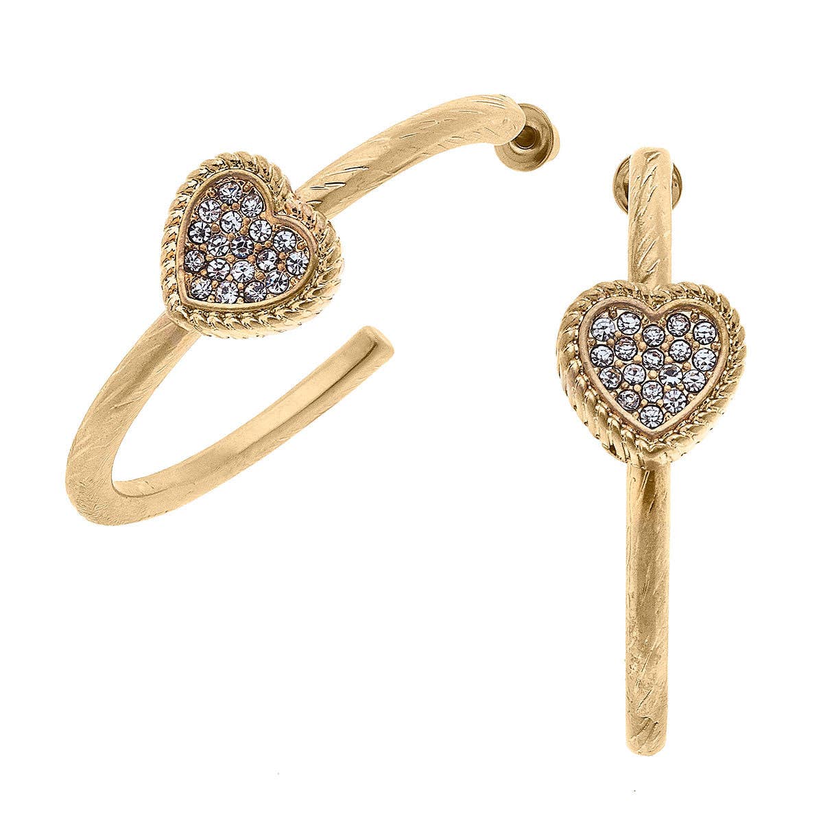 Corrine Pavé Heart Hoop Earrings in Worn Gold