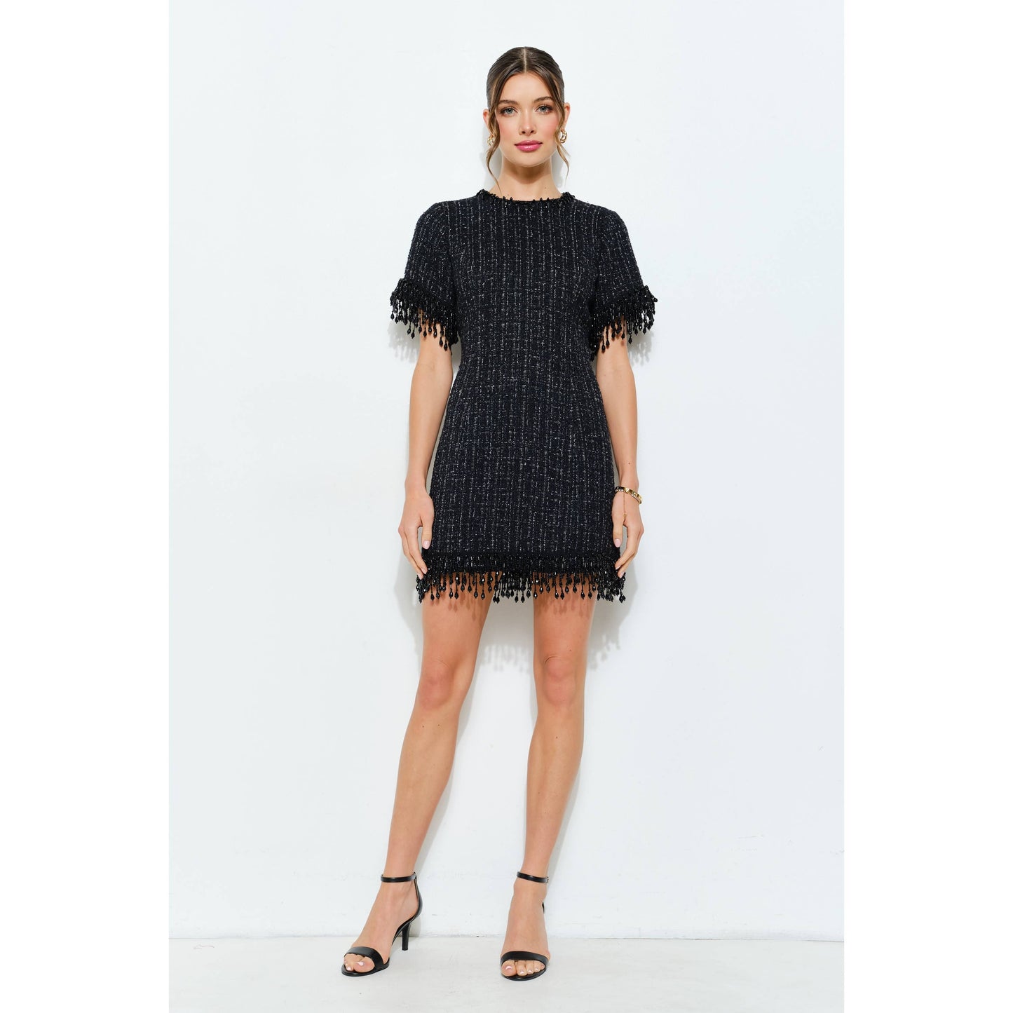 Beaded Fringe Tweed Mini Dress