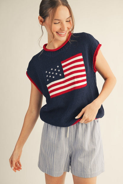 Jodiful American flag lightweight sweater vest top, casual sleeveless top with patriotic flag design, suitable for warm weather.