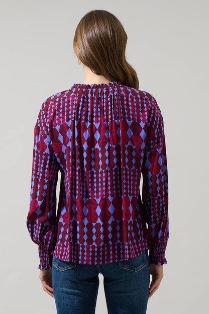 Ramsay Abstract Weylin Split-Neck Blouse – Burgundy & Blue