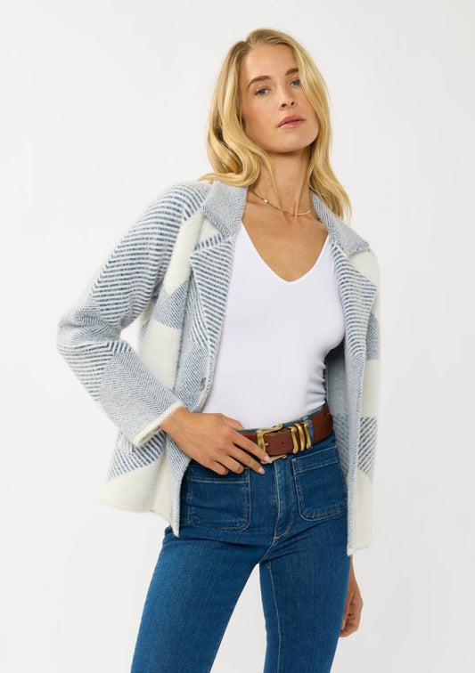 The Sutton Double-Breasted Sweater Jacket — White/Dusty Blue