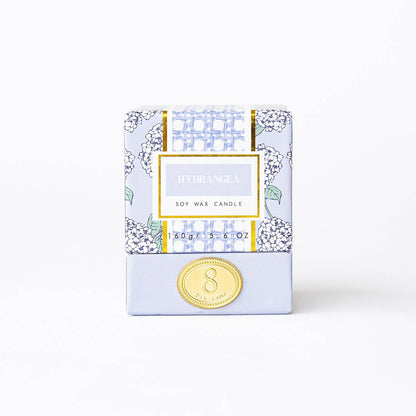 Lillian Hydrangea Candle by 8 Oak Lane featuring a floral hydrangea design in a glass holder, perfect for home decor and ambiance.