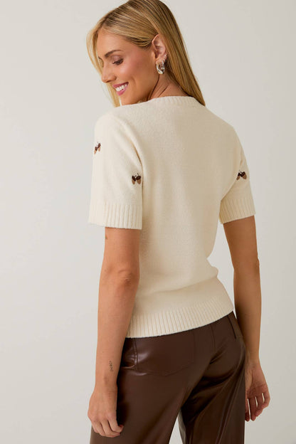The Elsie Short Sleeve Knit Cream Embroidered Sweater