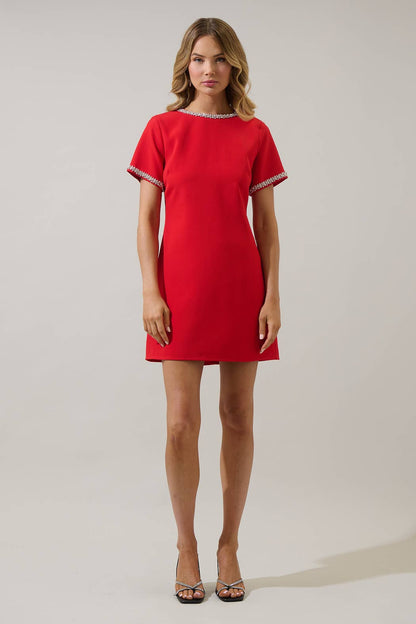 Kaitlyn Rhinestone Shift Mini Dress – Red