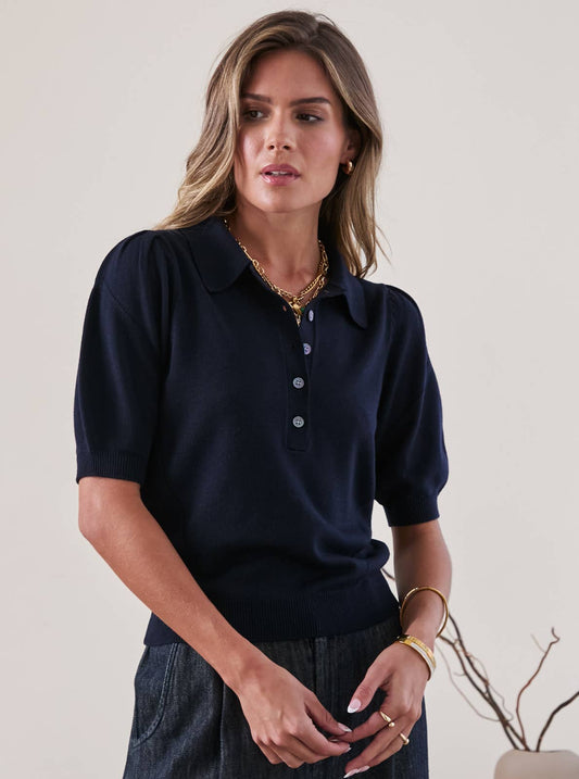 Harper Ribbed Polo Knit Top (Navy) Current Air