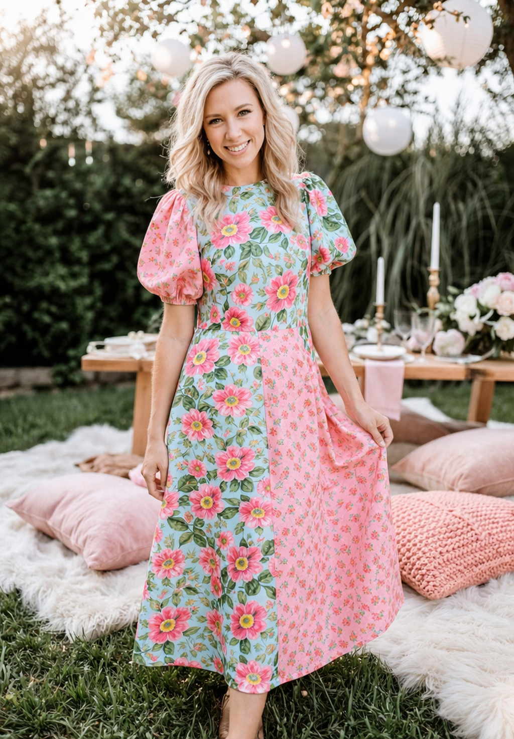 TCEC Victoria Garden Gala Dress in pink with mixed floral pattern, featuring a flowing silhouette and elegant design.
