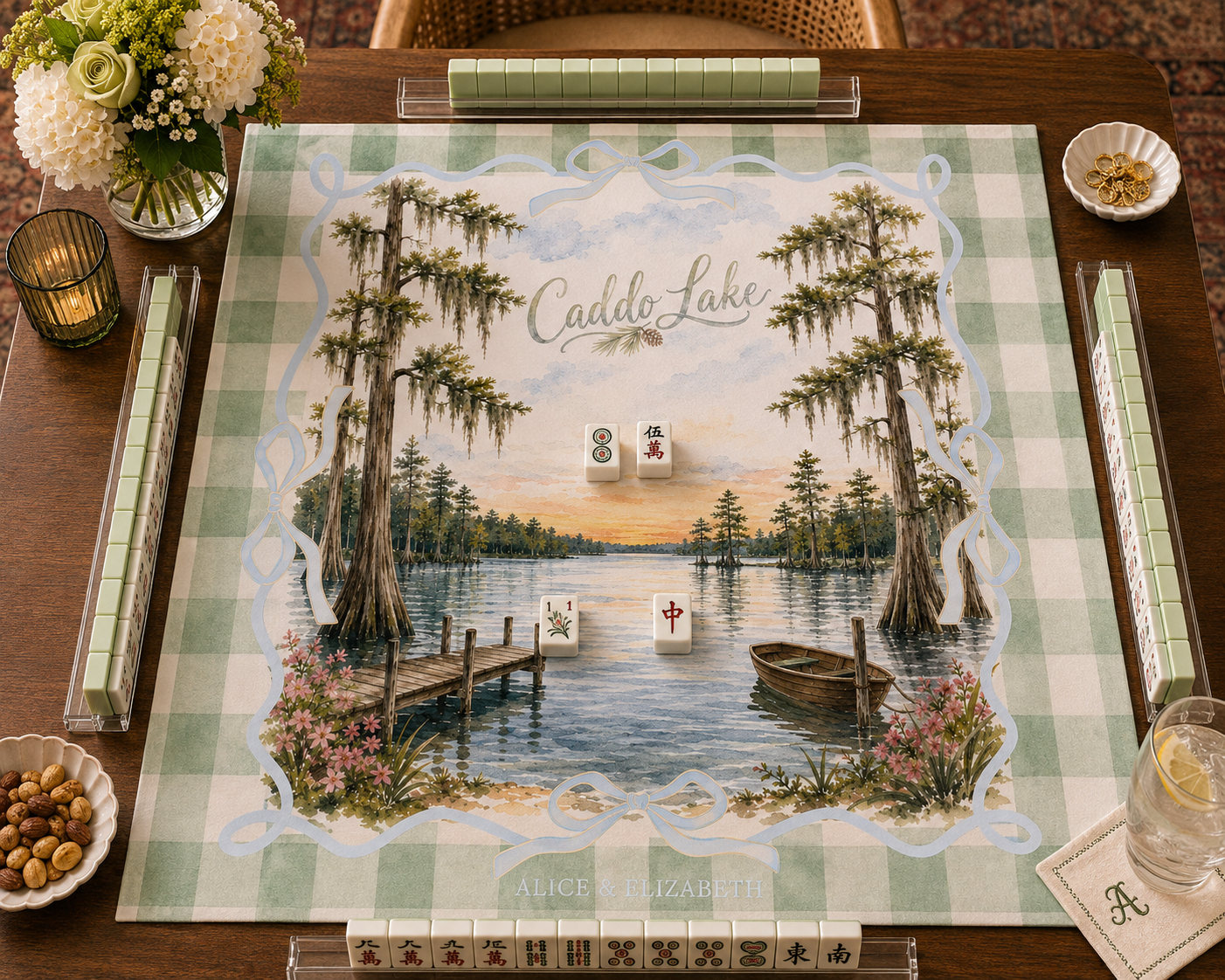Caddo Lake mahjong mat styled on a game table