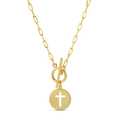 Cross Paperclip Toggle Necklace — Gold Necklace