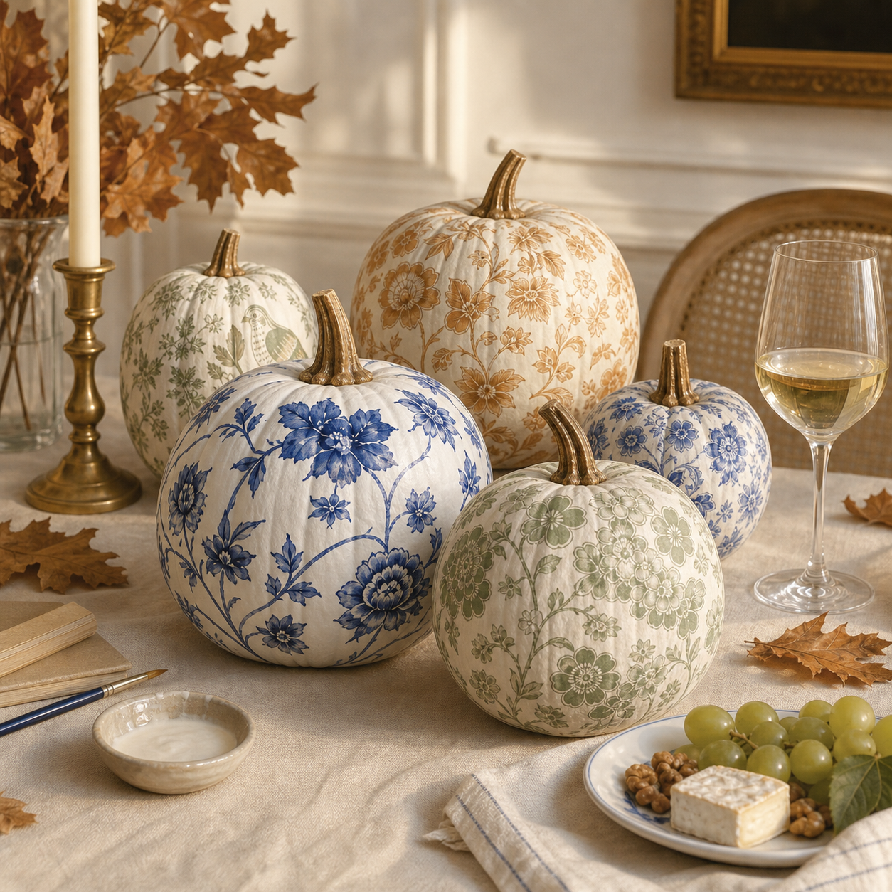 Papier-mâché pumpkins in blue, sage, and ochre botanical prints styled for an elegant fall workshop