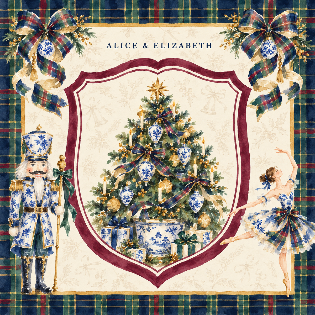 Christmas Heirloom mahjong mat watercolor design with tartan, chinoiserie Christmas tree, nutcracker and ballerina