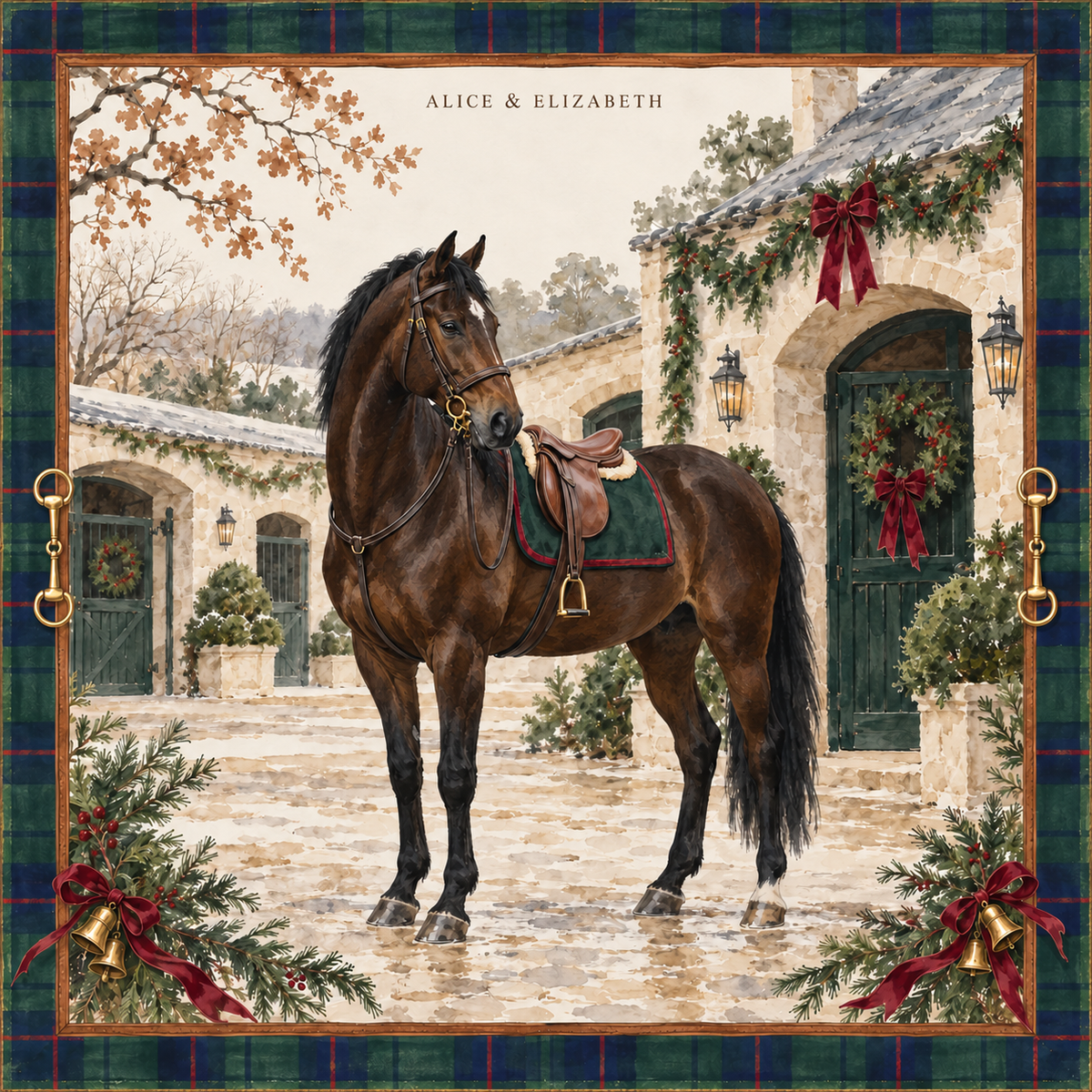 Watercolor dark bay horse in a Christmas stable courtyard framed by dark tartan