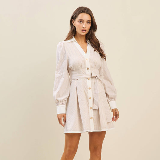 Margaux Gold-Button Stripe Dress – Taupe/White