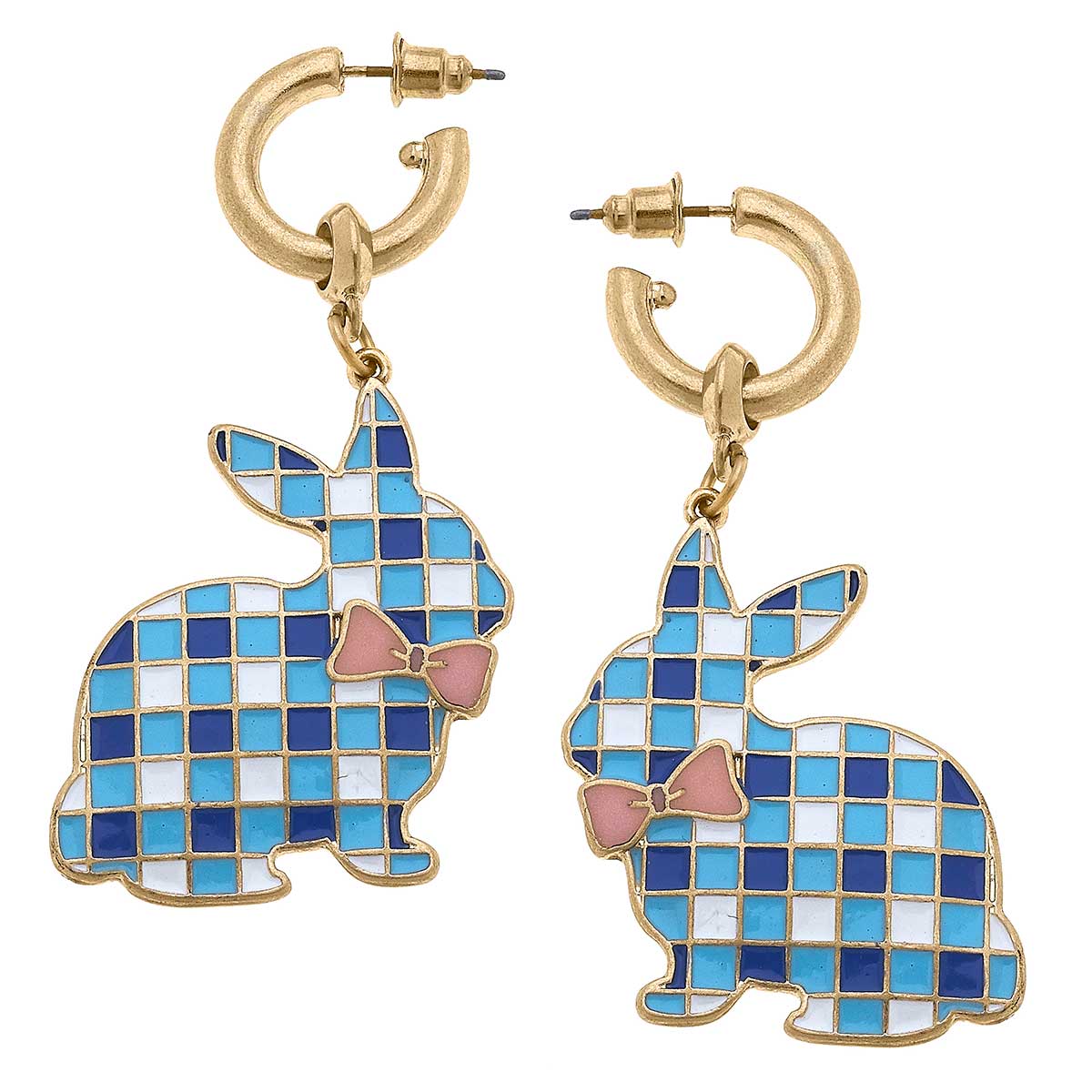 Blue Stella Gingham Bunny Earrings by Canvas Style, showcasing cute bunny-shaped jewelry with blue gingham pattern.