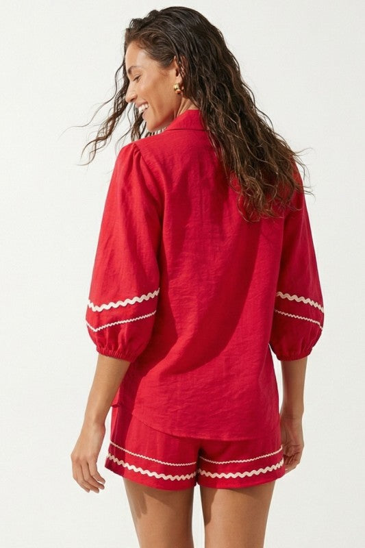 Scarlet Linen Trim Puff Sleeve Blouse