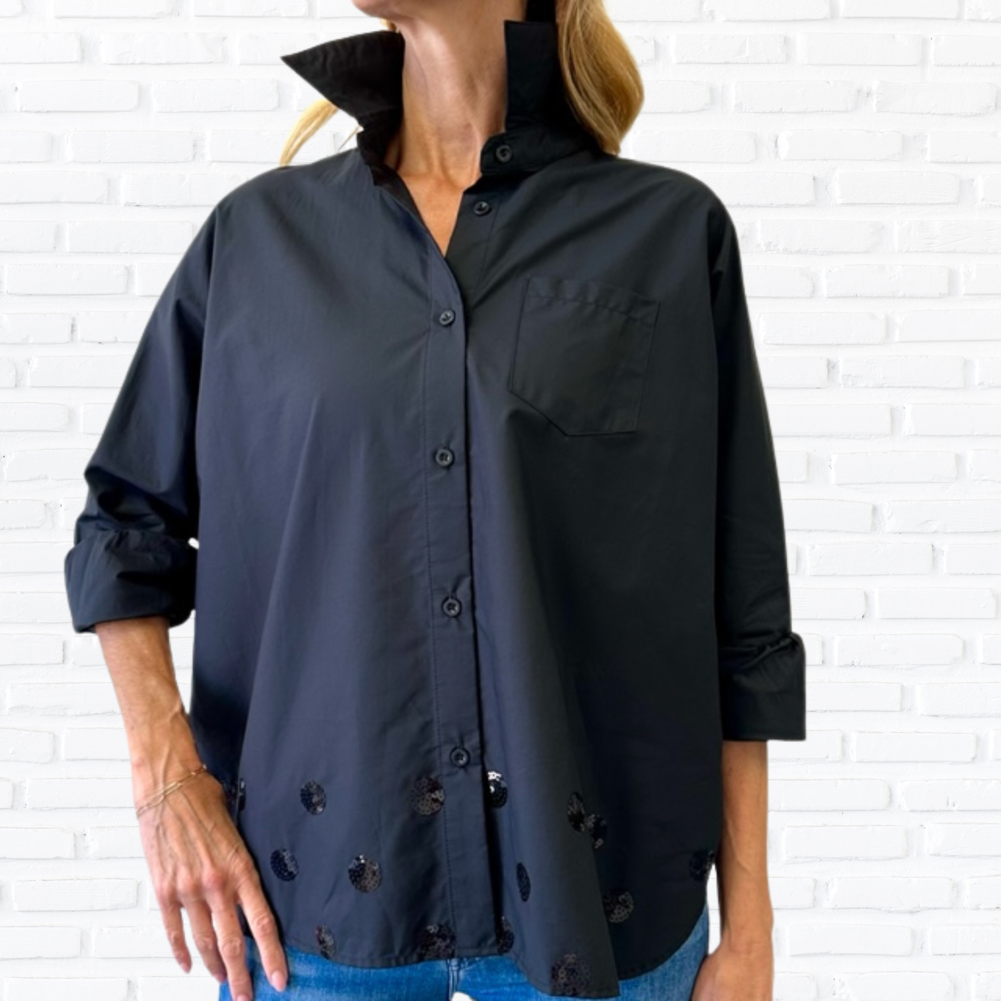 Sophia Ruffle Button-Down Top - M / Black - Tops