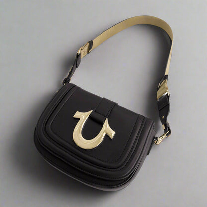 True Religion Camden Saddle Bag with Gold Hardware (Black)