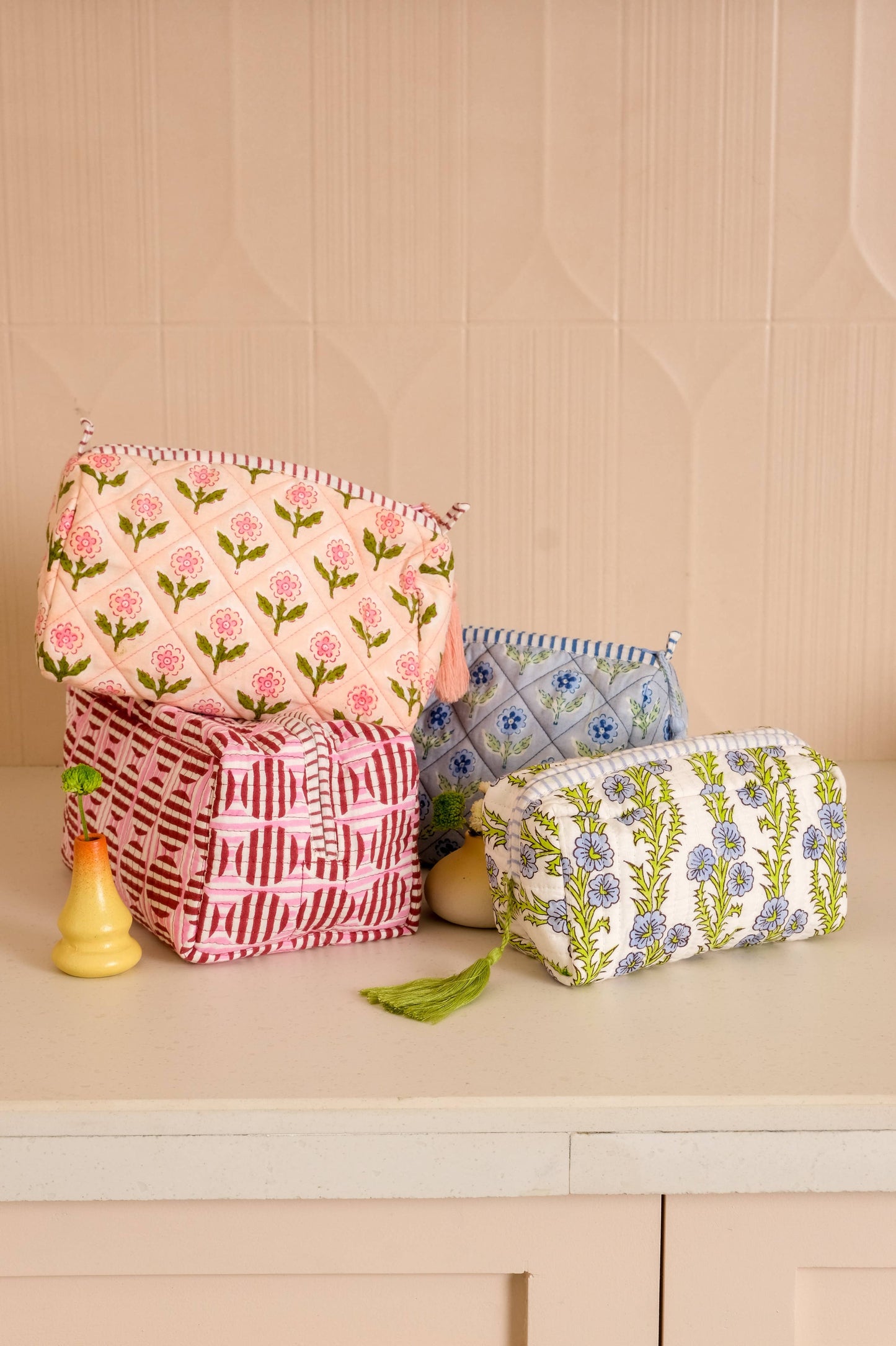 Pink Mona Blockprint makeup bag by Inner Child, featuring vibrant blockprint design, compact bag for cosmetics storage.