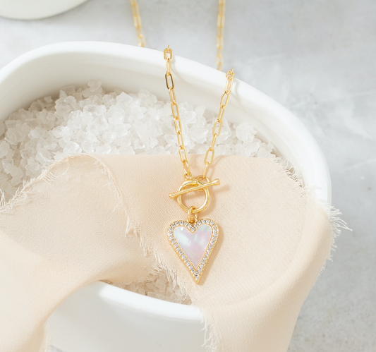 Mother-of-Pearl Pavé Heart Toggle Necklace — Gold
