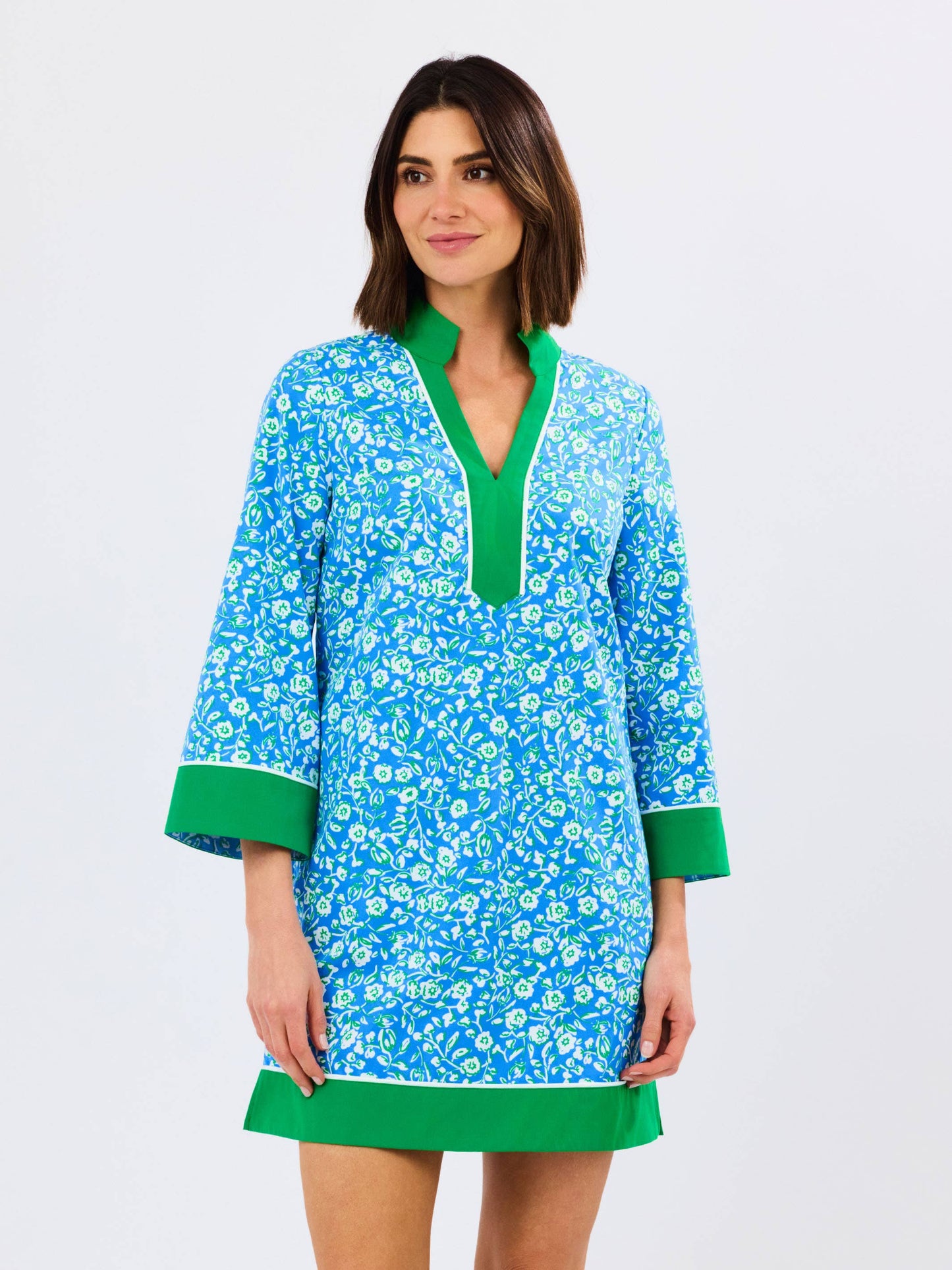 Mary Square Brenda Meadowline Dress, stylish floral dress with a flattering fit, displayed on a hanger against a neutral background.