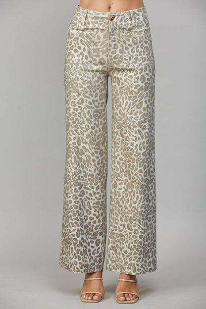 Celina Metallic Animal Print Wide-Leg Pants – Beige Multi