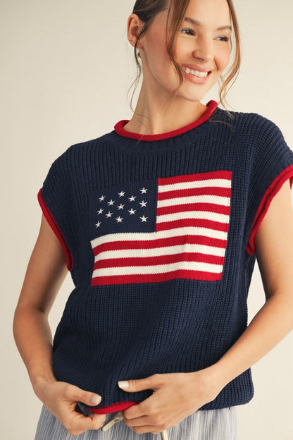 Jodiful American flag lightweight sweater vest top, soft knit fabric, sleeveless design, patriotic style, casual wear for women